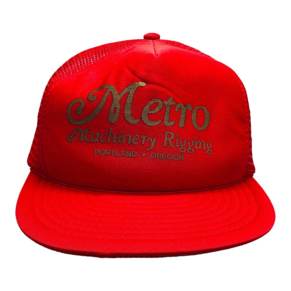 VTG Metro Machinery Rigging Trucker Hat Snapback Ball Cap Red Rope Mesh Foam